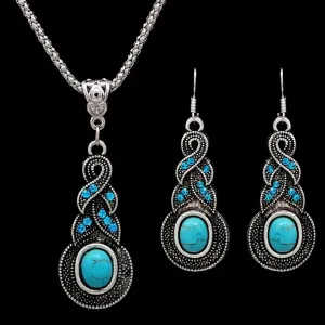 Vintage Bohemian CZ Natural Stone Green Turquoises Charms Pendants Necklaces Earrings For Women Jewelry Set