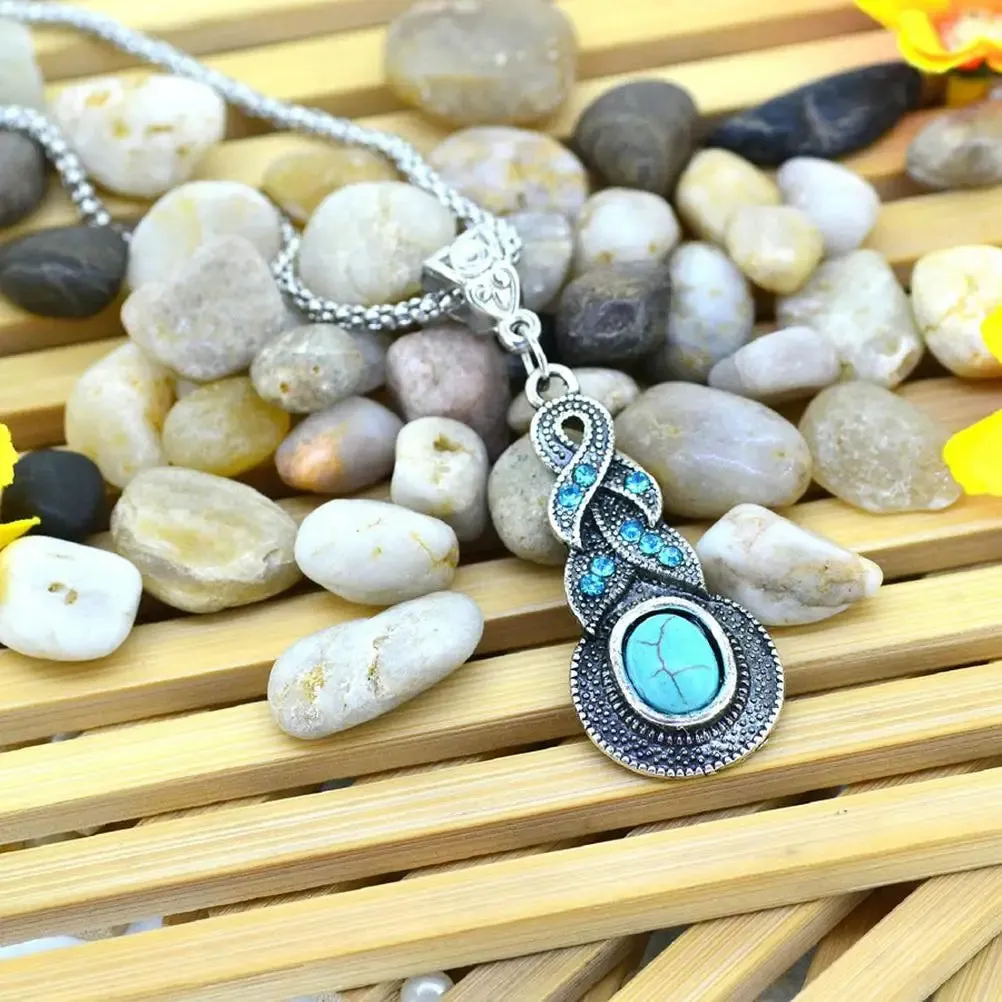 Vintage Bohemian CZ Natural Stone Green Turquoises Charms Pendants Necklaces Earrings For Women Jewelry Set
