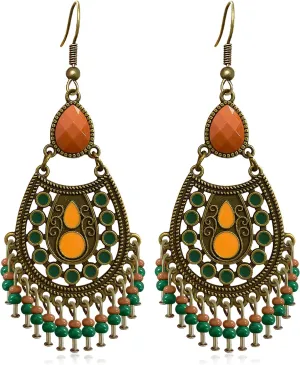 Vintage Bohemian Style Antique Copper Colored Enamel Dangle Drop Earrings Ethnic Tribal Style Alloy Rhinestone Tassel Dangle Drop Earrings for Women