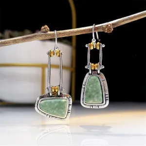 Vintage Boho Earrings for Women Girls Creative Handmade Silver Bohemian Retro Green Emerald Gemstone Dangle Drop Asymmetrical Statement Earrings Jewelry Gifts (Square Turquoise)