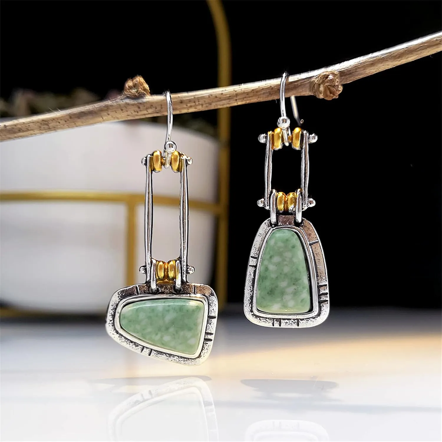 Vintage Boho Earrings for Women Girls Creative Handmade Silver Bohemian Retro Green Emerald Gemstone Dangle Drop Asymmetrical Statement Earrings Jewelry Gifts (Square Turquoise)