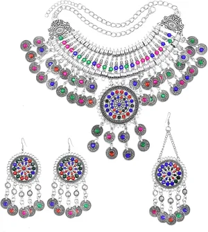 Vintage Boho Gypsy Jewelry Set  Colorful Crystal Coin Necklace, Earrings & Hair Accessories  Ethnic Afghan Jewelry for Women