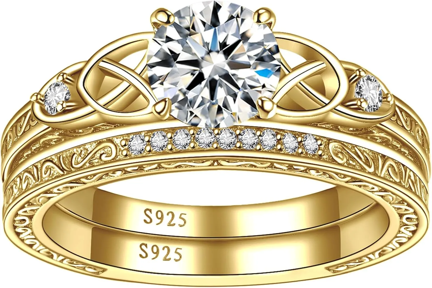 Vintage Celtic Knot Women's Engagement Ring Sets 925 Sterling Silver/14K Gold Plated Stackable Wedding Bands Rings AAAAA Cubic Zirconia Women Bridal Sets Wedding Ring Band Width 1.8mm Size 5-9