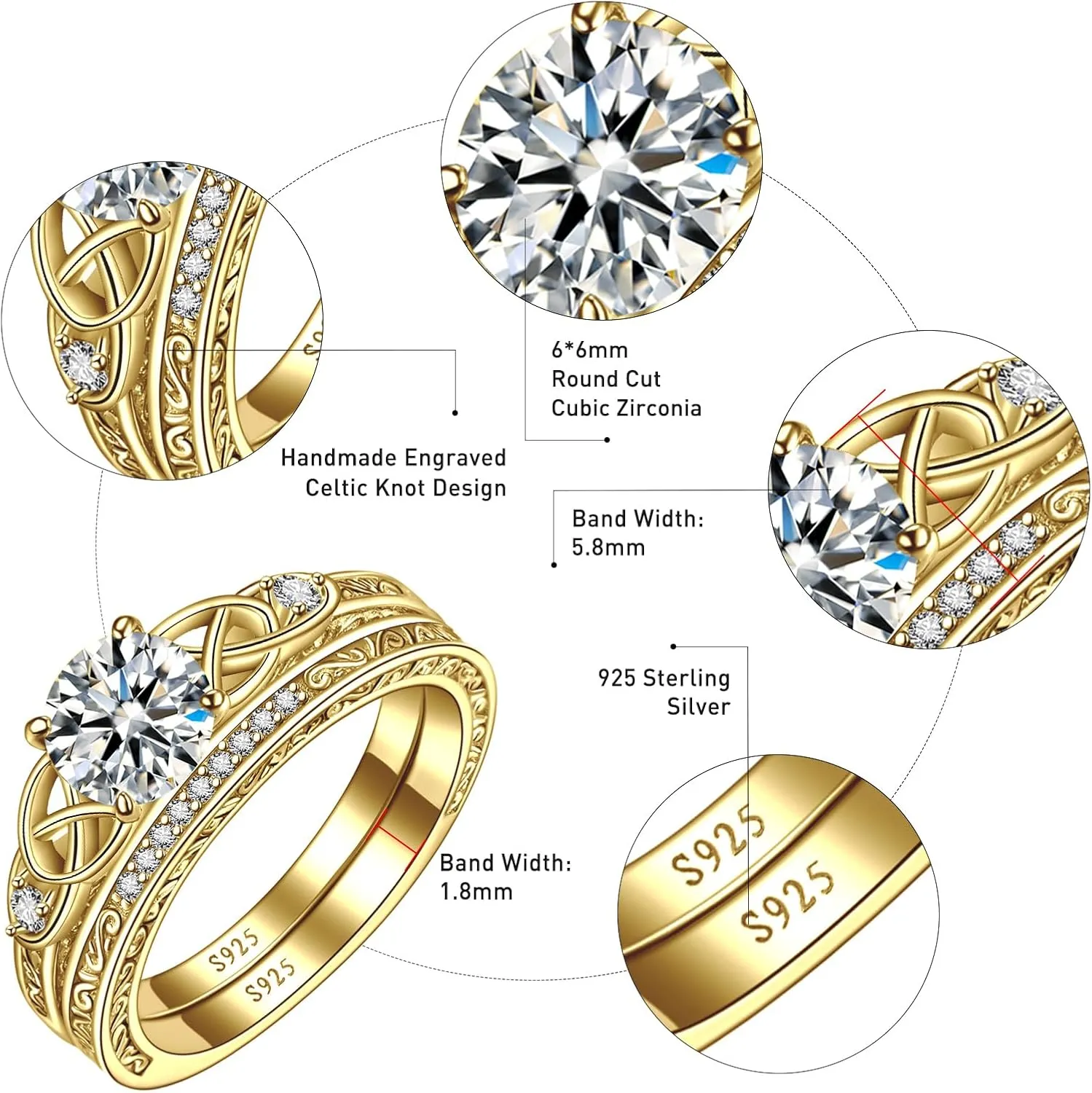 Vintage Celtic Knot Women's Engagement Ring Sets 925 Sterling Silver/14K Gold Plated Stackable Wedding Bands Rings AAAAA Cubic Zirconia Women Bridal Sets Wedding Ring Band Width 1.8mm Size 5-9