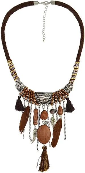 Vintage Jewelry Turquoise Tassels Choker Bohemian Statement Necklace, Brown