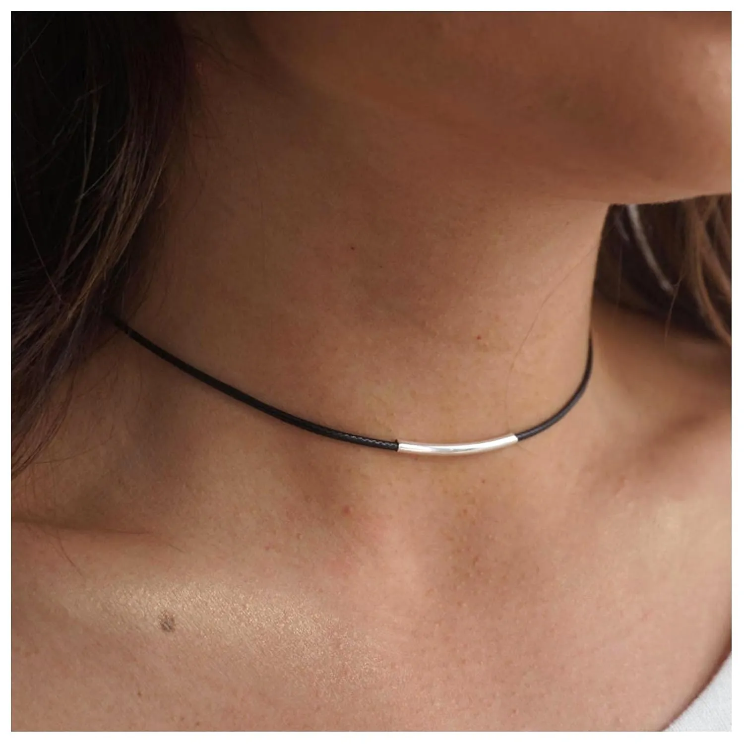 Vintage Leather Choker Necklace Silver Bar Choker Necklace Short Black Leather Bar Necklace Boho Necklace Jewelry