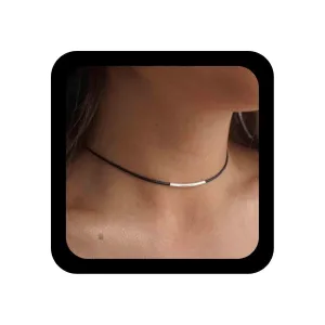 Vintage Leather Choker Necklace Silver Bar Choker Necklace Short Black Leather Bar Necklace Boho Necklace Jewelry