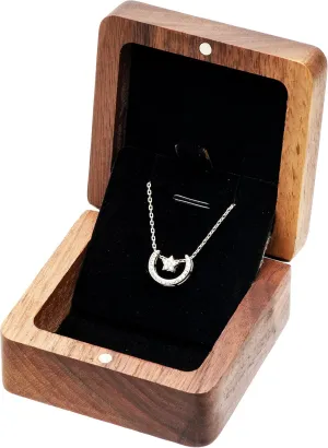 Vintage Natural Walnut Wood Necklace Box,Pendant Storage Case Jewelry Display Box for Anniversary Propose Christmas (Black Inner)