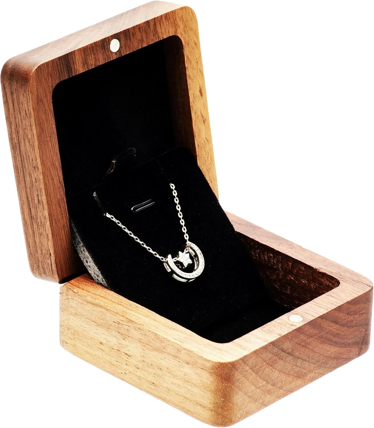 Vintage Natural Walnut Wood Necklace Box,Pendant Storage Case Jewelry Display Box for Anniversary Propose Christmas (Black Inner)