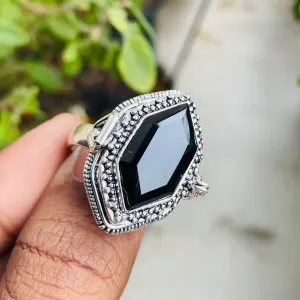 Vintage Poison Ring|Natural Black Onyx|Snuff Ring|Poison Ring|Secret Compartment|Boho Hippie|925 Sterling Silver Plated|Fancy Design Ring