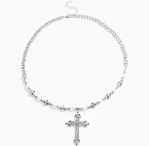 Vintage Silver Cross Necklace  20" Pearl Beaded Chain, Gothic Baroque-Inspired Pendant for Women & Men, Y2K Alt Grunge Aesthetic, Layering Statement Jewelry