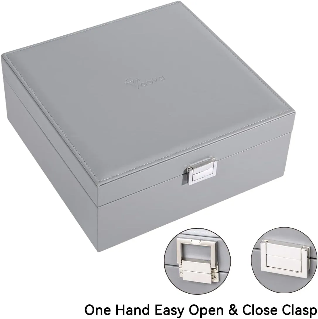 Voova Jewelry Box Organizer for Men Women, 2 Layer 5 Slot Watch Storage Case with Removable Tray, PU Leather Large Jewellery Holder Display for Watches Sunglasses Rings Earrings Necklace, Grey