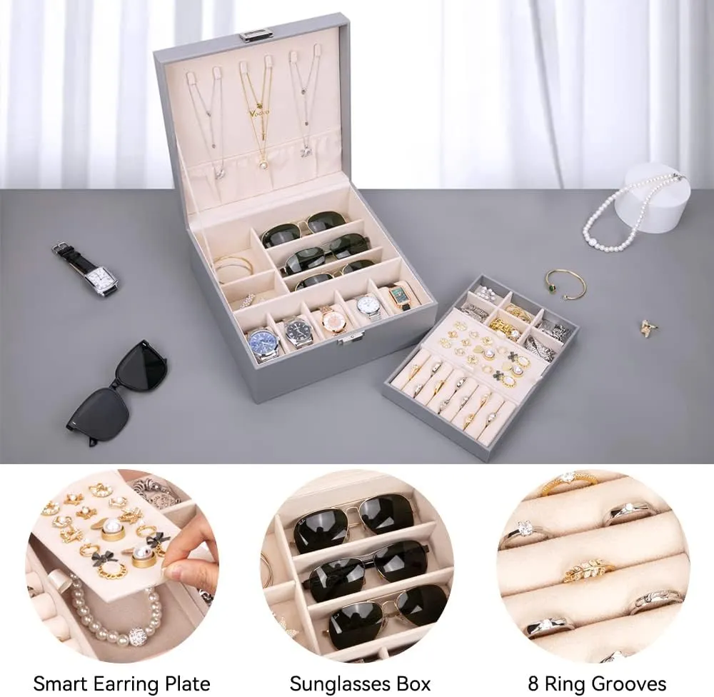 Voova Jewelry Box Organizer for Men Women, 2 Layer 5 Slot Watch Storage Case with Removable Tray, PU Leather Large Jewellery Holder Display for Watches Sunglasses Rings Earrings Necklace, Grey