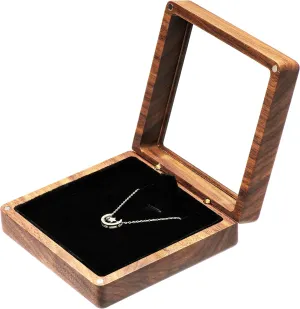 Walnut Wood Necklace Pendant Box Jewelry Storage Display Case Holder with Clear Top For Wedding Romantic Proposal Birthday Anniversary Valentine's Day Christmas