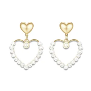 WCRAZYE Pearl Heart Earrings for Women Girls Dainty Handmade Gold Pearl Red Diamond Love Heart Shape Dangling Drop Tassel Earrings Gift Valentine's Day Christmas (Double Heart Earrings)