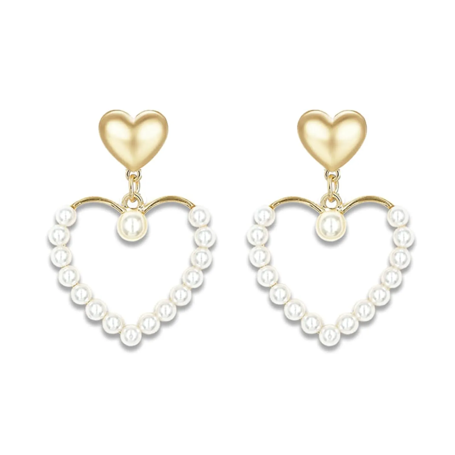 WCRAZYE Pearl Heart Earrings for Women Girls Dainty Handmade Gold Pearl Red Diamond Love Heart Shape Dangling Drop Tassel Earrings Gift Valentine's Day Christmas (Double Heart Earrings)