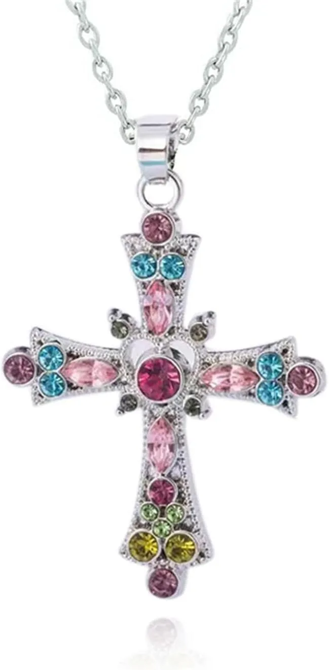 WCRAZYE Pink Cross Necklace for Men Women Chic Fashion Bohemian Sparkling Crystal Y2K Punk Gothic Celtic Christian Prayer Zircon Faith Choker Necklace Jewelry