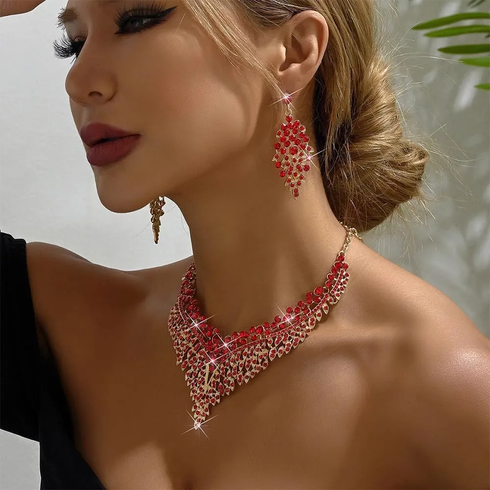 Wedding Bridal Jewelry Set Crystal Rhinestone Statement Necklace Vintage Collar Necklace Dangle Earrings Set for Women