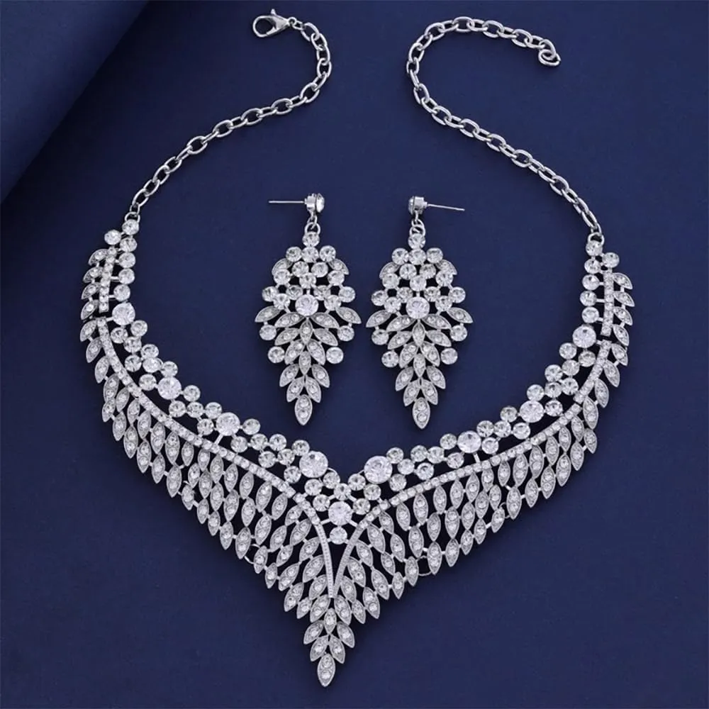 Wedding Bridal Jewelry Set Crystal Rhinestone Statement Necklace Vintage Collar Necklace Dangle Earrings Set for Women