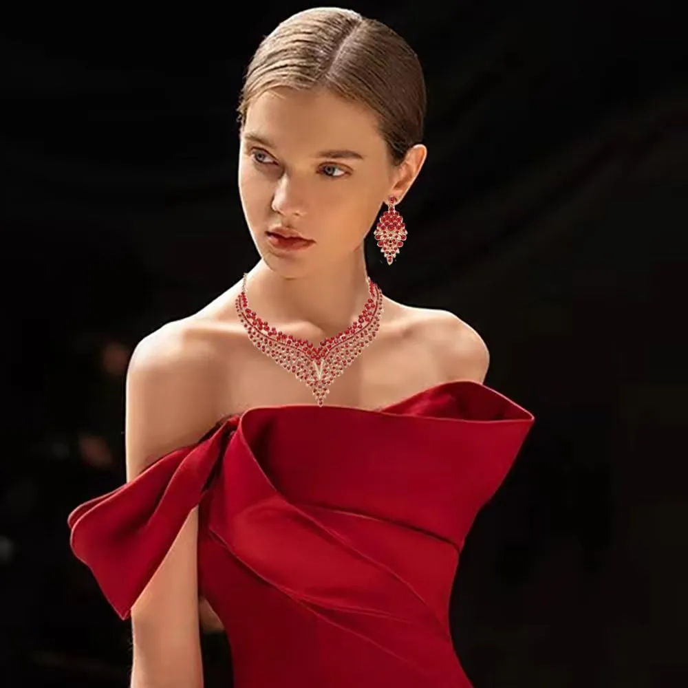 Wedding Bridal Jewelry Set Crystal Rhinestone Statement Necklace Vintage Collar Necklace Dangle Earrings Set for Women