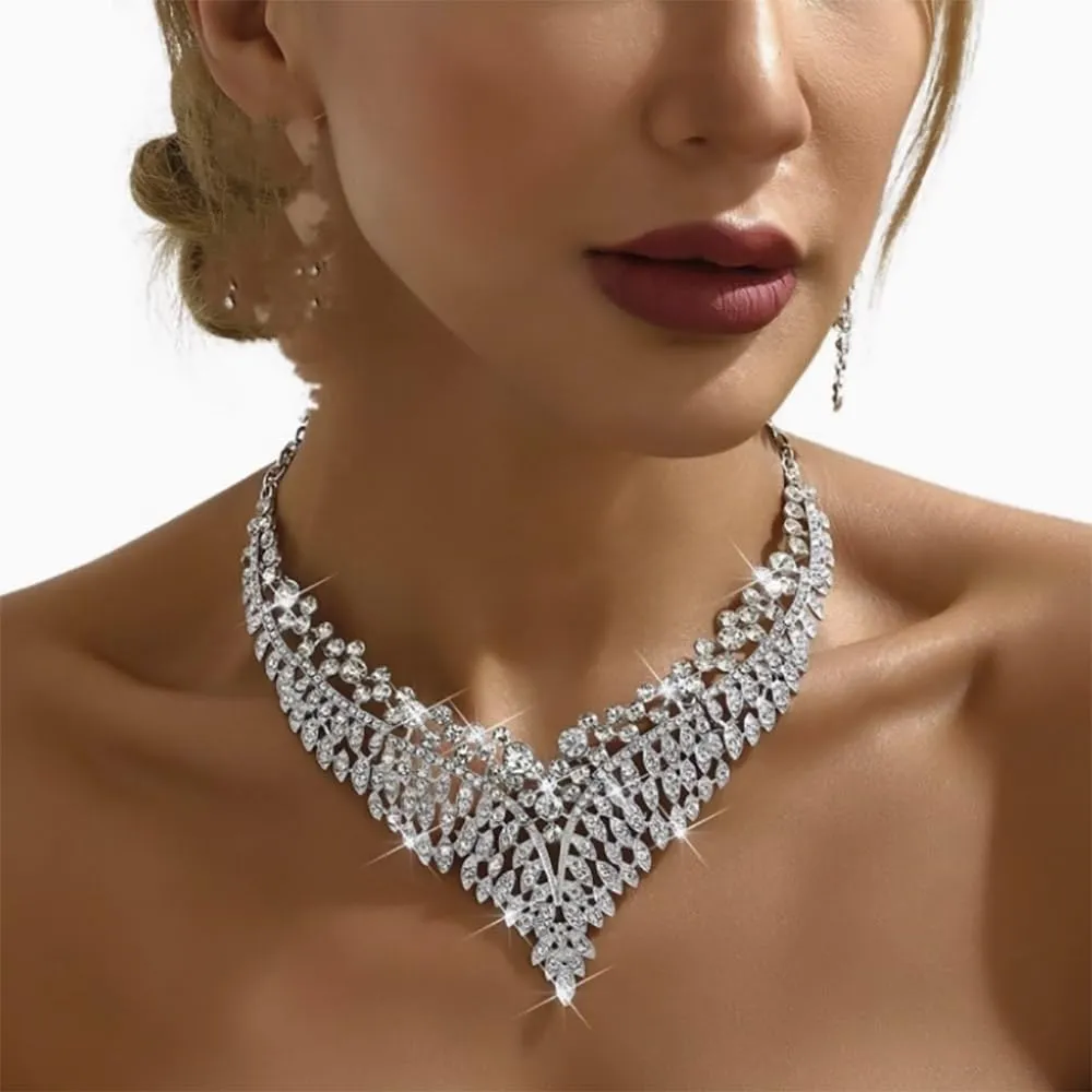 Wedding Bridal Jewelry Set Crystal Rhinestone Statement Necklace Vintage Collar Necklace Dangle Earrings Set for Women