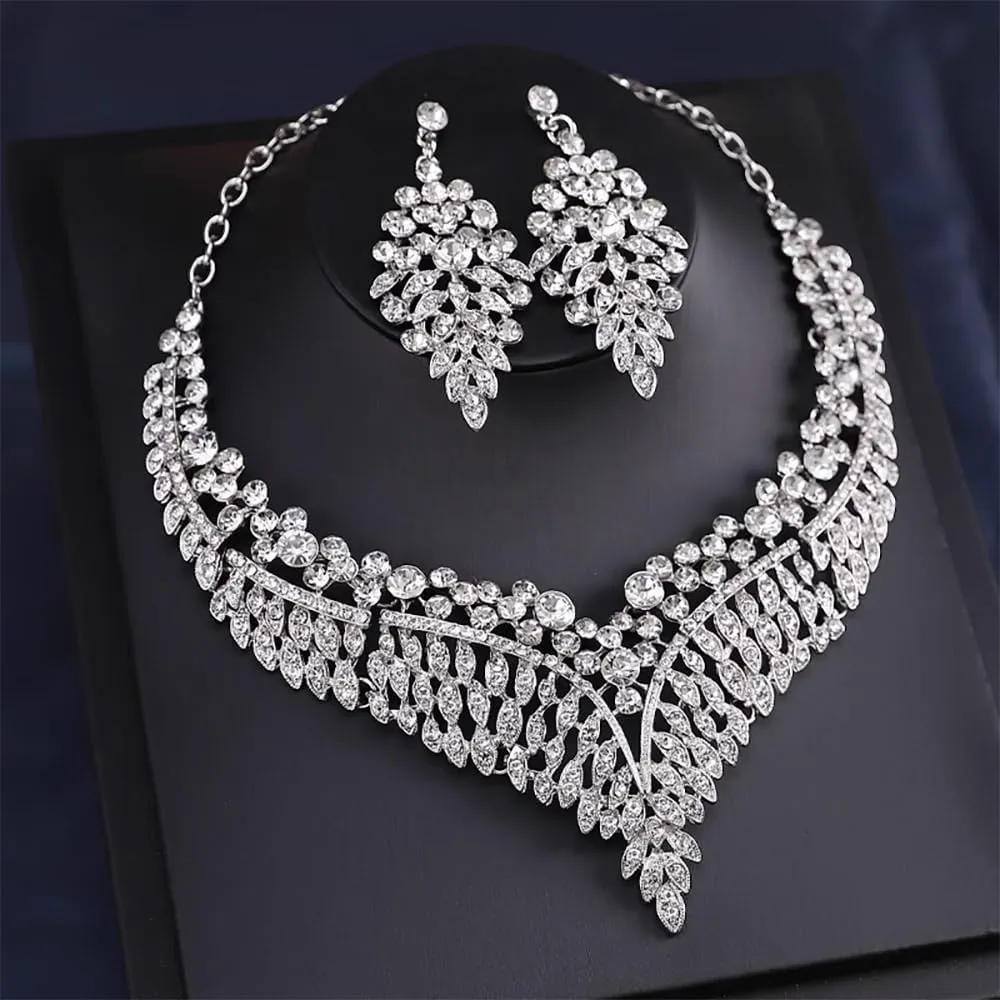 Wedding Bridal Jewelry Set Crystal Rhinestone Statement Necklace Vintage Collar Necklace Dangle Earrings Set for Women