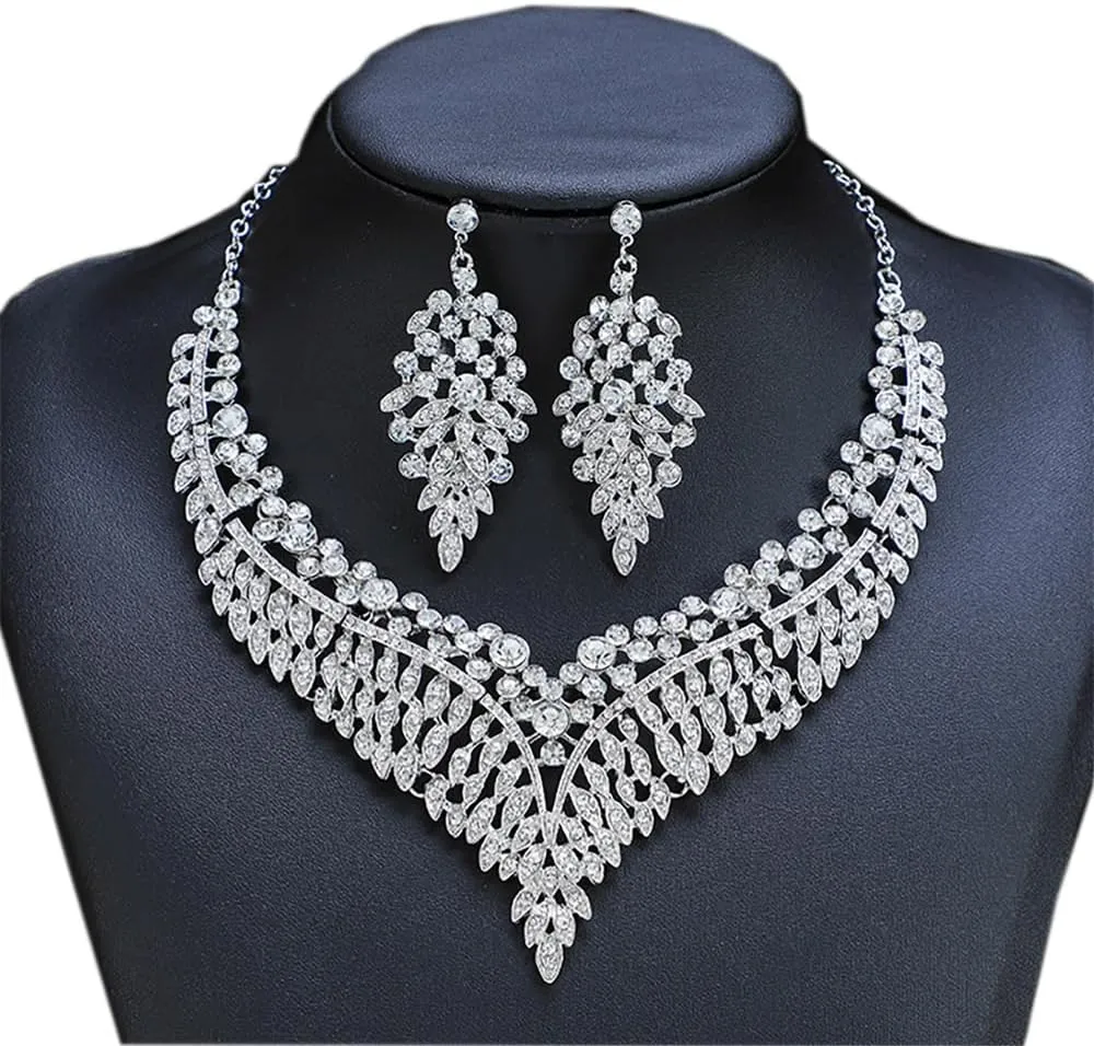 Wedding Bridal Jewelry Set Crystal Rhinestone Statement Necklace Vintage Collar Necklace Dangle Earrings Set for Women