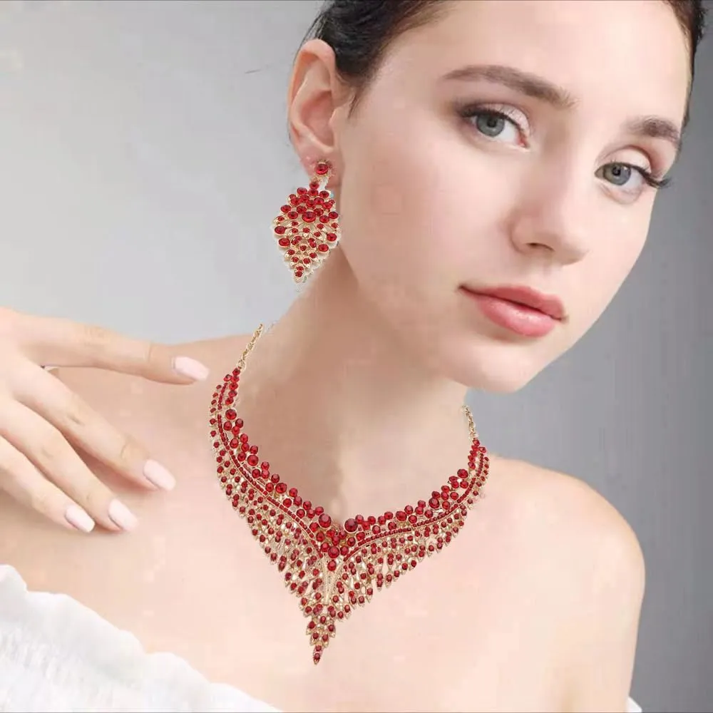 Wedding Bridal Jewelry Set Crystal Rhinestone Statement Necklace Vintage Collar Necklace Dangle Earrings Set for Women