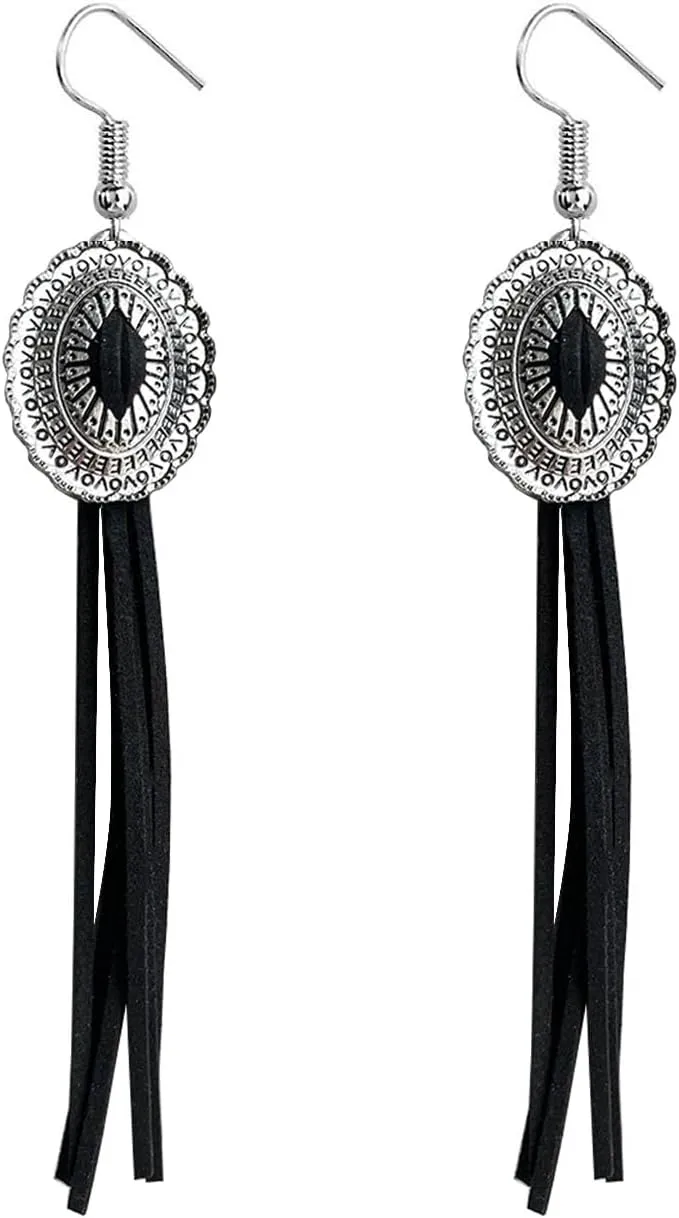 Western Cowgirl Earrings for Women Vintage Leather Tassel Long Drop Earrings Bohemian Brown Leather Earrings Western Trendy Jewelry for Women