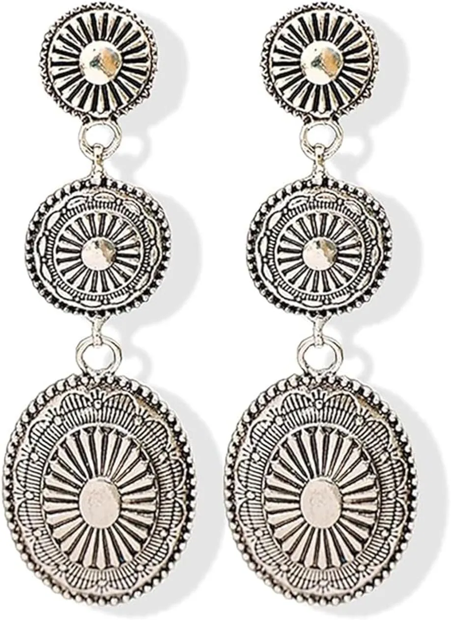 Western Earrings for Women Statement Western Style Triple Concho Dangle Earrings Vintage Boho Oval Drop Earrings Ethnic Charms Jewelry