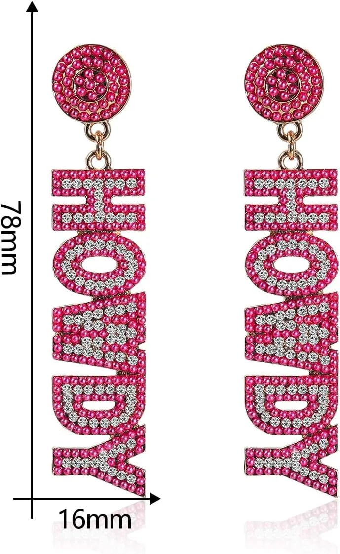 Western HOWDY Crystal Stud Dangle Earrings Handmade Beaded Sparkle Rhinestone Seed Beaded Letters Nashville Outfits Rodeo Y2K Jewelry for Women