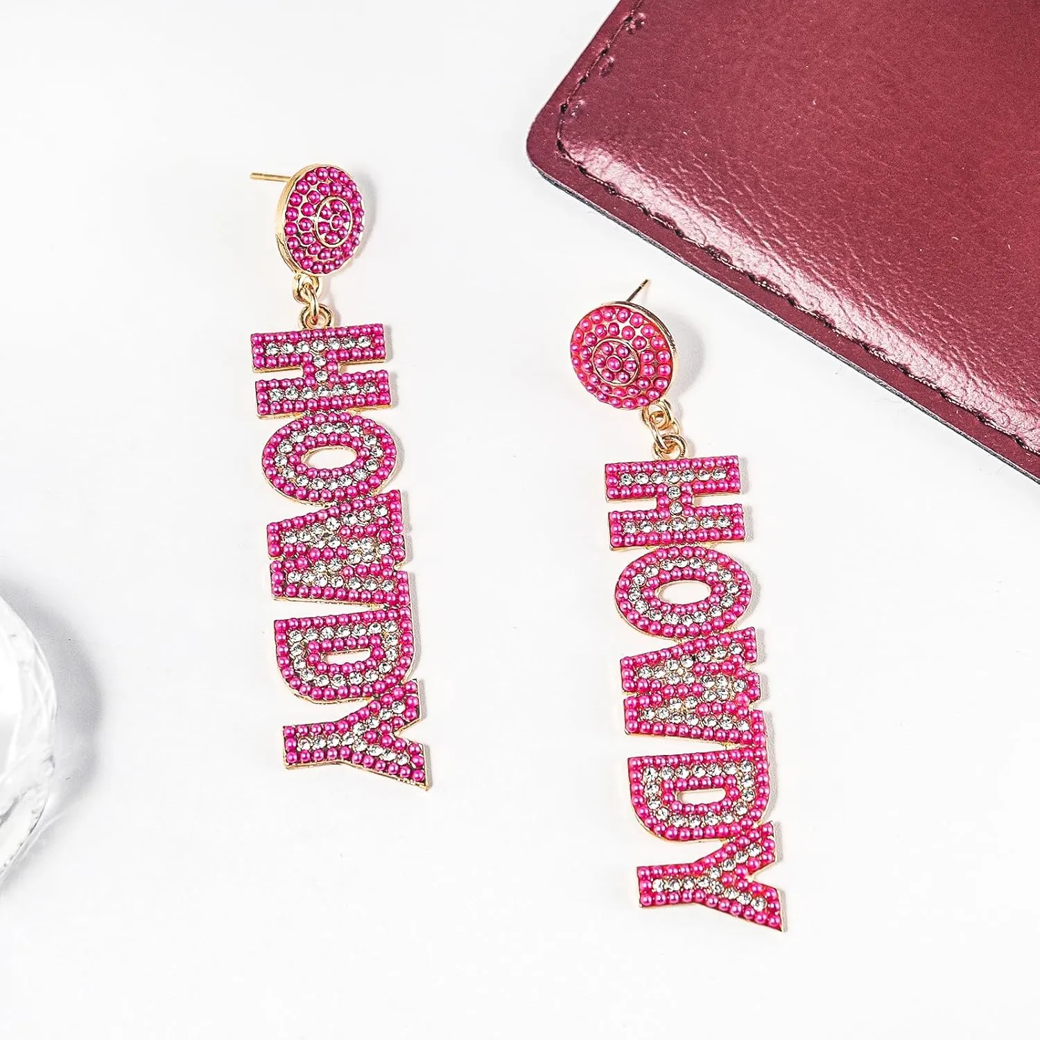 Western HOWDY Crystal Stud Dangle Earrings Handmade Beaded Sparkle Rhinestone Seed Beaded Letters Nashville Outfits Rodeo Y2K Jewelry for Women