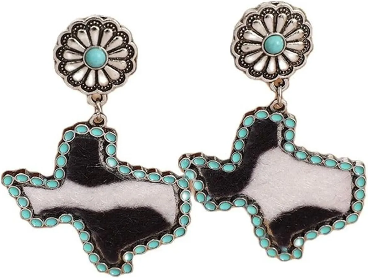 Western Turquoise Teardrop Drop Dangle Earrings Vintage Ethnic Handamde Bohemian Boho for Women Jewelry Inlay Cow Pattern Geometric