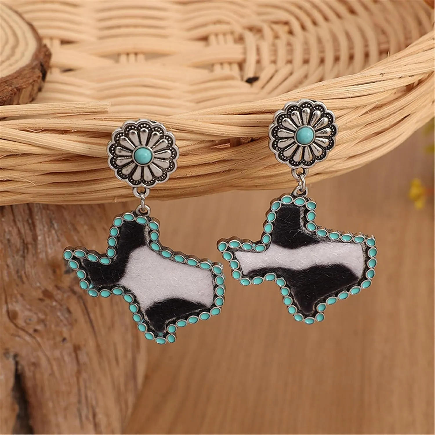 Western Turquoise Teardrop Drop Dangle Earrings Vintage Ethnic Handamde Bohemian Boho for Women Jewelry Inlay Cow Pattern Geometric