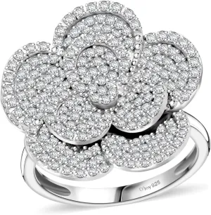 White Diamond 925 Sterling Silver Platinum Plated Flower Ring for Women Jewelry Birthday Gifts Size 7 Ct 1