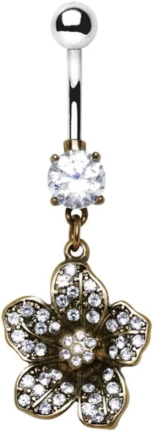 WILDKLASS 316L Stainless Steel Antique Gold Plated Flower Dangle Navel Ring
