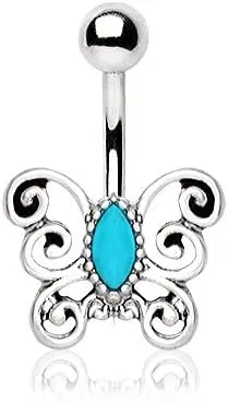 WildKlass Jewelry Turquoise Antique Butterfly Navel Ring 316L Stainless Steel