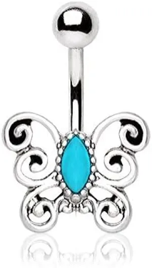 WildKlass Jewelry Turquoise Antique Butterfly Navel Ring 316L Stainless Steel