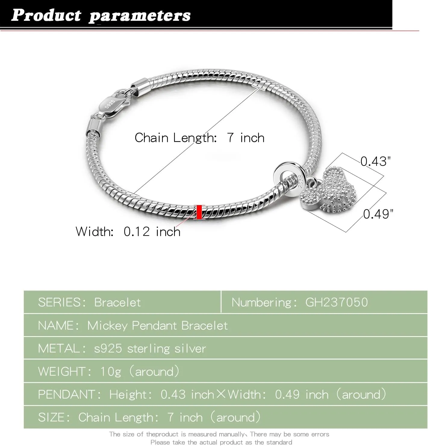 Women 925 Sterling Silver Cute Mickey Bracelet Simple Fashion Snake Chain Bangle 6.3 "6.7" 7 "7.5" 8 "8.5" 9" Charm Jewelry Gift For Wife Her