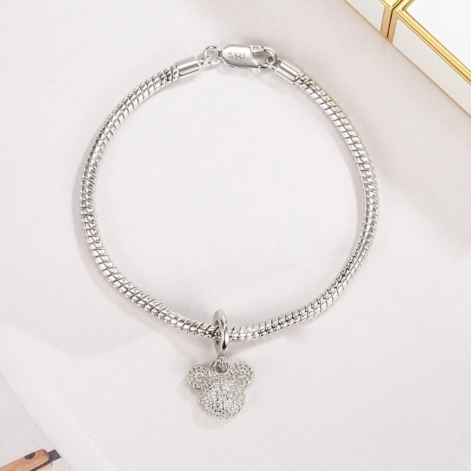 Women 925 Sterling Silver Cute Mickey Bracelet Simple Fashion Snake Chain Bangle 6.3 "6.7" 7 "7.5" 8 "8.5" 9" Charm Jewelry Gift For Wife Her