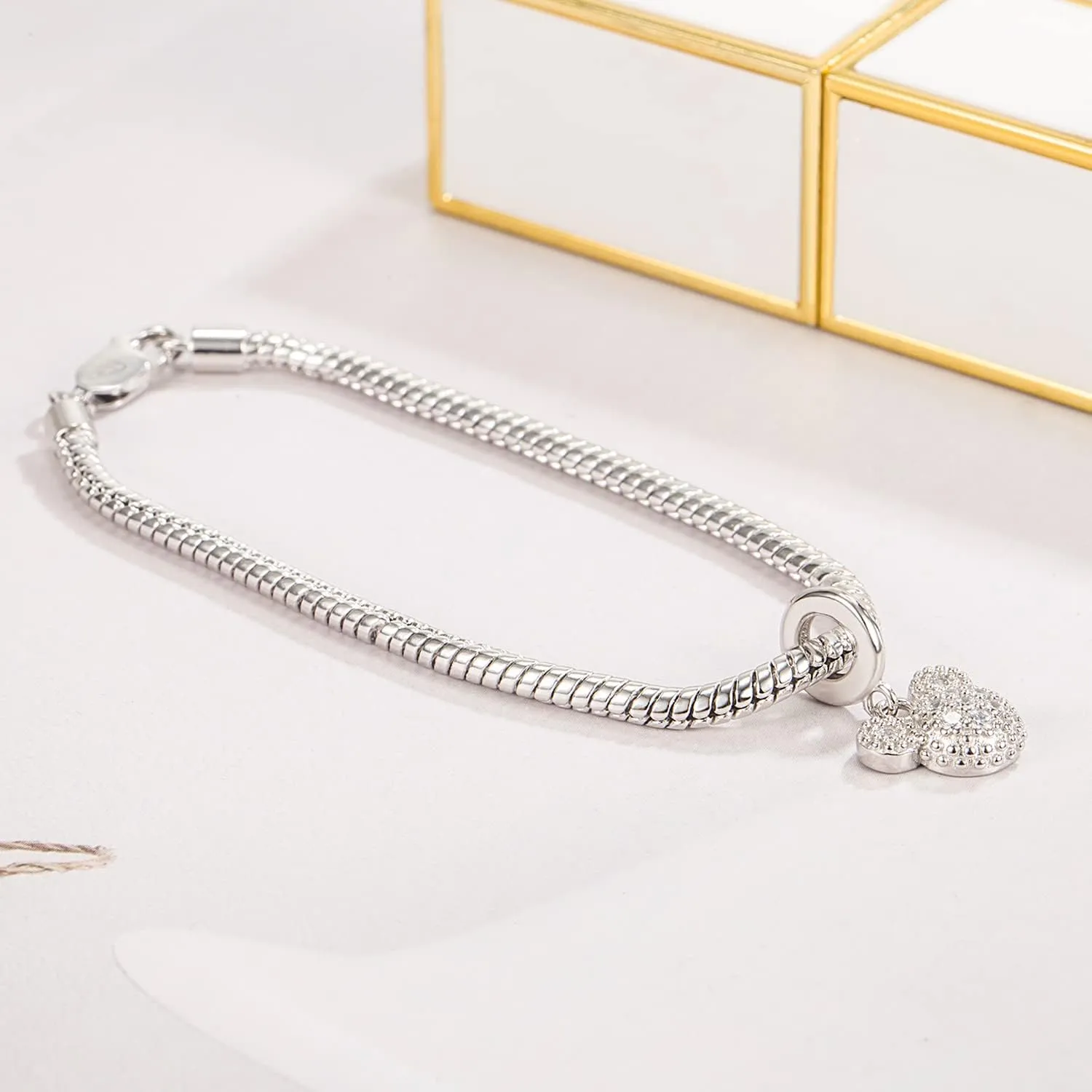 Women 925 Sterling Silver Cute Mickey Bracelet Simple Fashion Snake Chain Bangle 6.3 "6.7" 7 "7.5" 8 "8.5" 9" Charm Jewelry Gift For Wife Her
