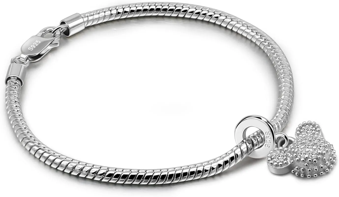 Women 925 Sterling Silver Cute Mickey Bracelet Simple Fashion Snake Chain Bangle 6.3 "6.7" 7 "7.5" 8 "8.5" 9" Charm Jewelry Gift For Wife Her