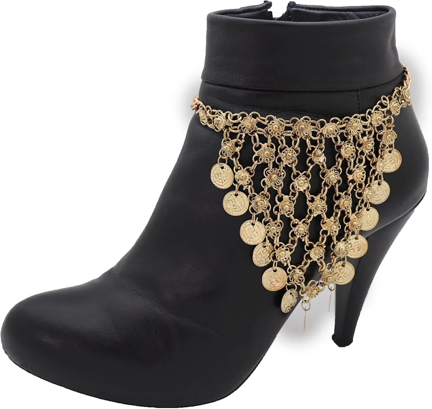 Women Western Boot Chain Bling Bracelet Gold Metal Shoe Ethnic Coin Charm Vintage Style