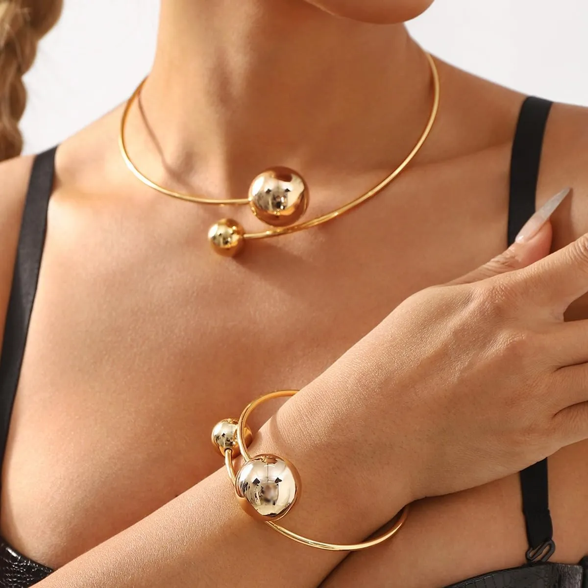 Women's Metallic Oversized Teardrop Big Pearl Irregular Ball Thin Choker 18K Gold Plated Tribal Vintage Boho Vacation Party Statement Necklace Fashion Costume Jewelry