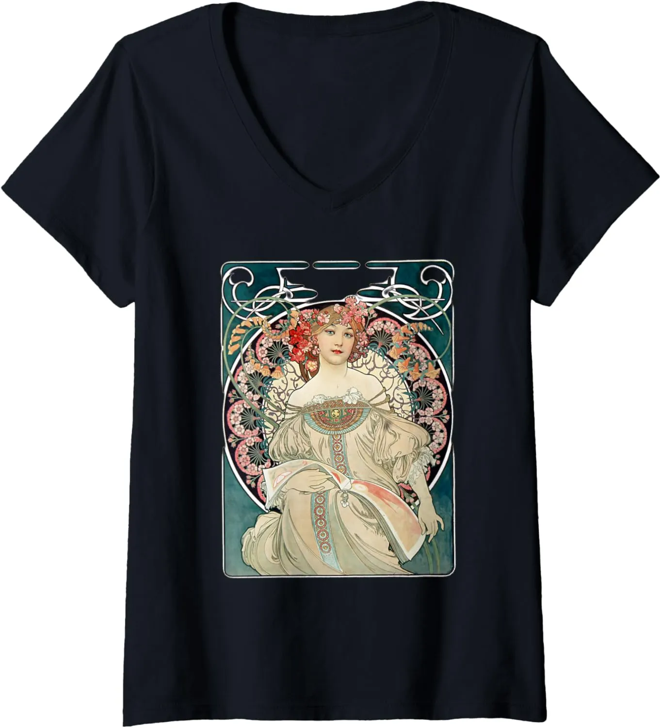 Womens vintage bohemian Design in Art Nouveau Style, V-Neck T-Shirt