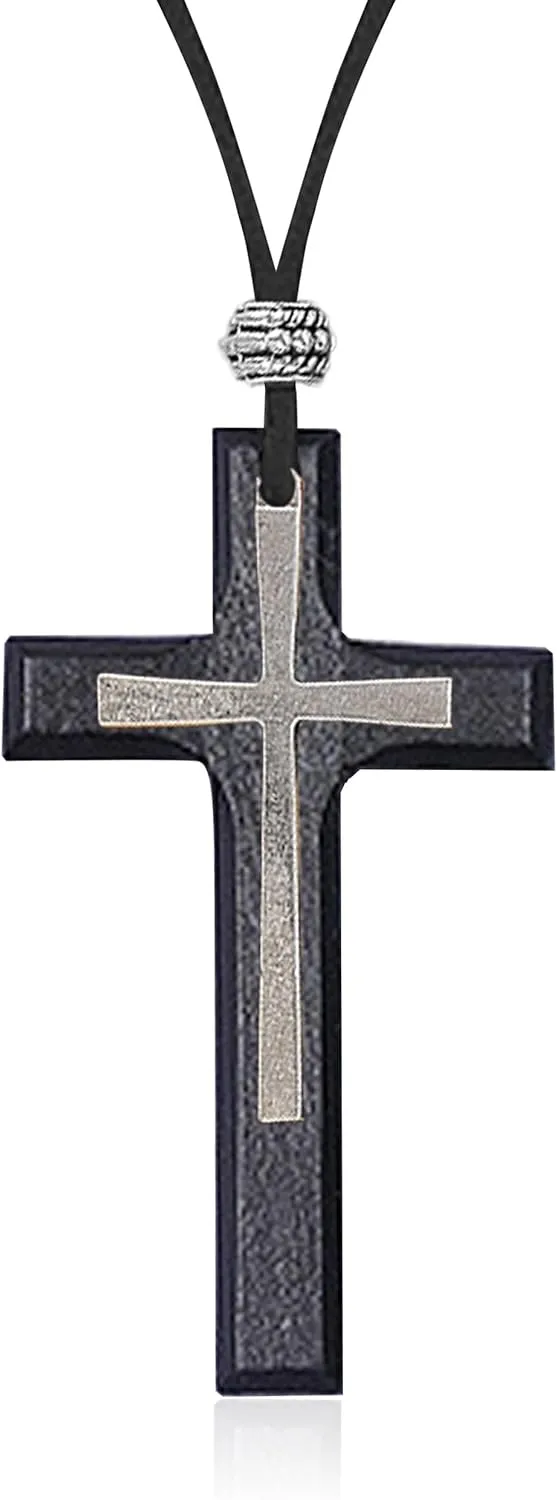 Wood Cross Necklace for Men Catholic Jesus Cross Pendant Necklace for Men Christian Gifts Wood Cross Crucifix on Cord