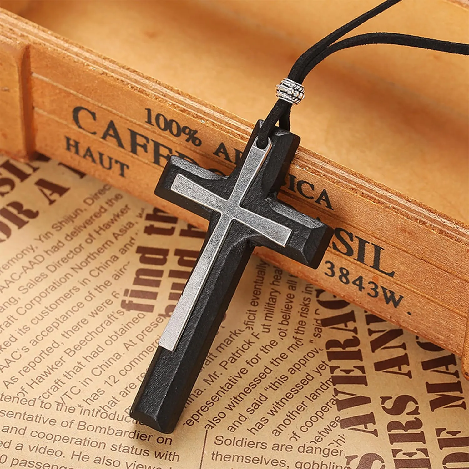 Wood Cross Necklace for Men Catholic Jesus Cross Pendant Necklace for Men Christian Gifts Wood Cross Crucifix on Cord