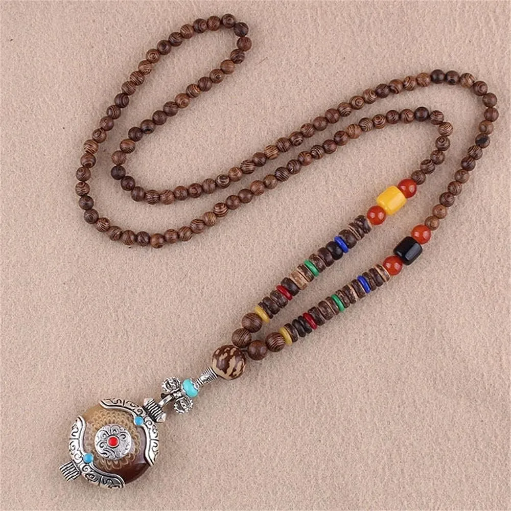 Wooden Beaded Necklace Nepal Mala Wood Beads Meditation Prayer Necklace for Women Jewelry