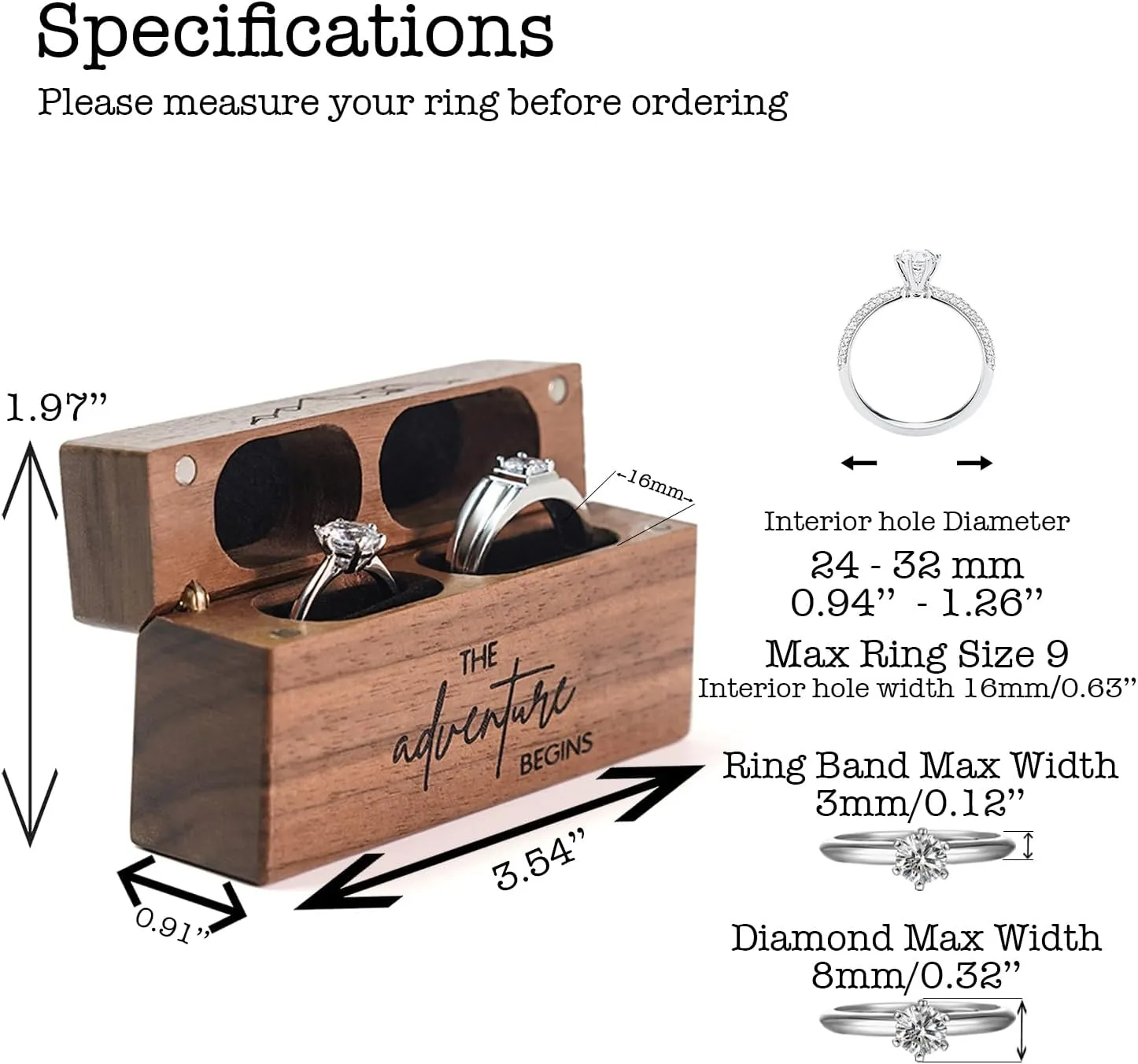 Wooden Wedding Ring Box  Slim Vintage Ring Box for Proposal Engagement Ceremony  Double Engraved Rustic Ring Bearer Box Anniversary Birthday Gift Ideas (The Adventure Begins)