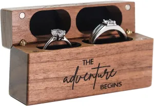 Wooden Wedding Ring Box  Slim Vintage Ring Box for Proposal Engagement Ceremony  Double Engraved Rustic Ring Bearer Box Anniversary Birthday Gift Ideas (The Adventure Begins)
